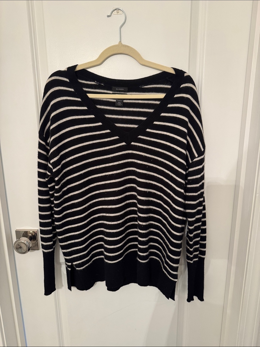 Halogen Cashmere Black and White Striped V-Neck Sweater